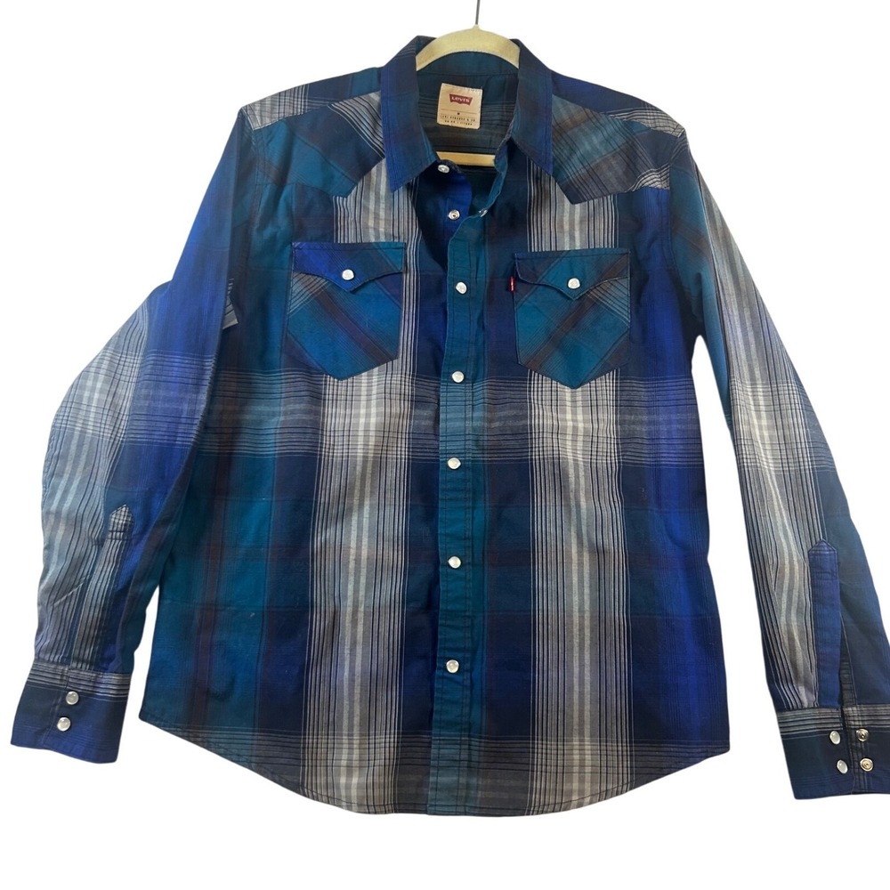 Levis Mens Blue Plaid Western Pearl Snap‎ Long Sleeve Shirt Medium